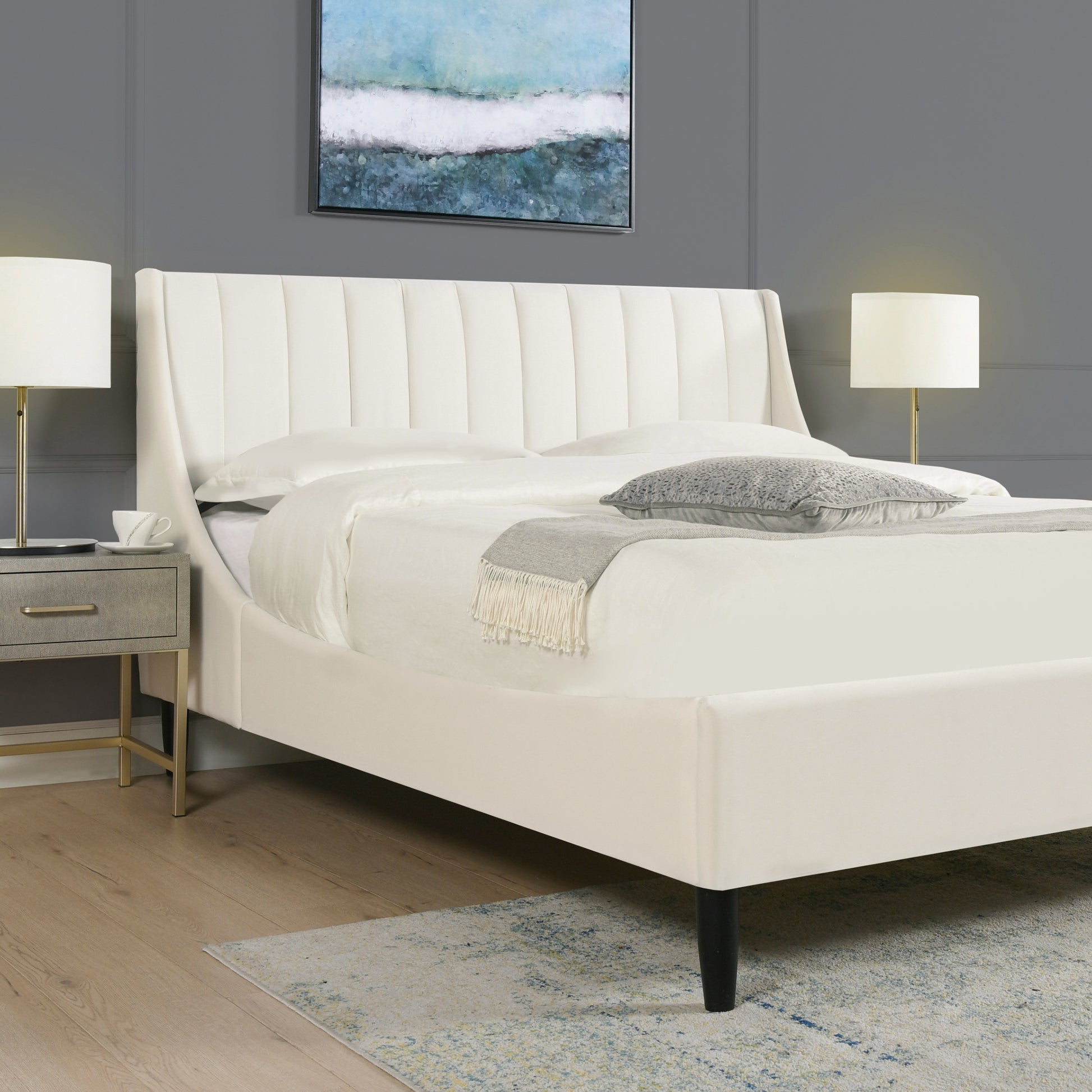 Aspen Vertical Tufted Modern Headboard Platform Bed Set, Queen, Cloud White Performance Velvet Box Spring Not Required Queen White Wood Foam Velvet Velvet