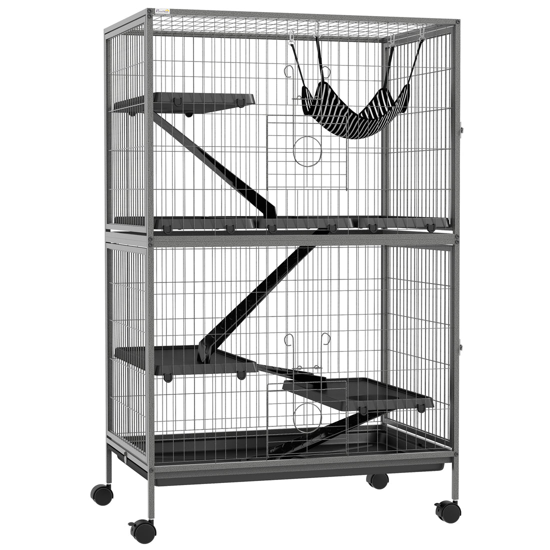 Pawhut 50" 5 Tier Small Animal Cage, Ferret Cage, Large Chinchilla Cage With Hammock Accessory & Heavy Duty Steel Wire, Small Animal Habitat With 4 Doors, Removable Tray, Gray Grey Steel