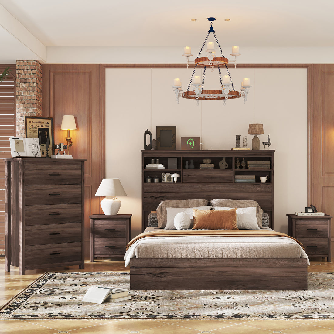 4 Pieces Bedroom Sets Queen Size Vintage Wooden Bed Frame With 2 Nightstands And 1 Dresser,Dark Walnut Box Spring Not Required Queen Walnut 4 Piece Set American Traditional Solid Wood Mdf