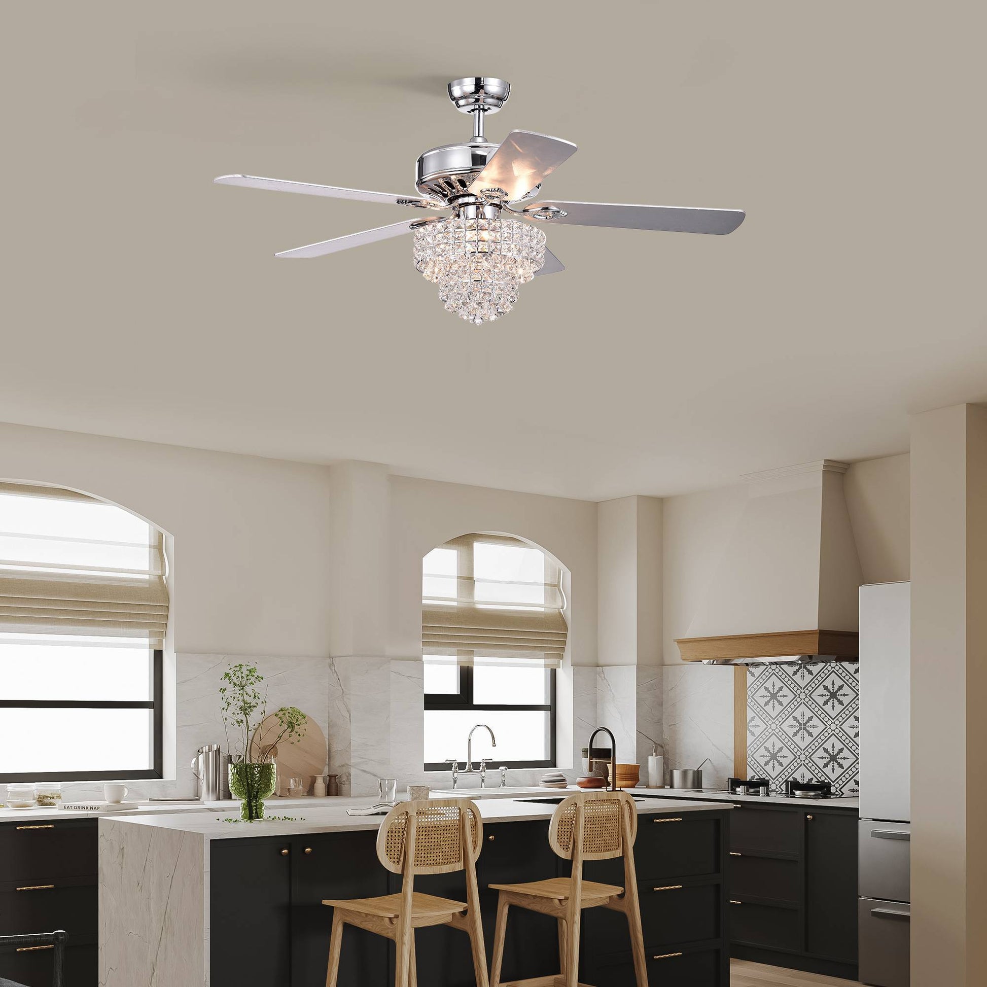 52 Inch Crystal Ceiling Fan Lamp With Remote Control 3 Speed High, Mid, Low , 5 Reversible Blades For Living Room, Dining Room, Bedroom, Family Room, Chrome ,3Pcs*E12 No Include Bulb Chrome American Traditional,Antique,Classic,Contemporary Plywood Metal