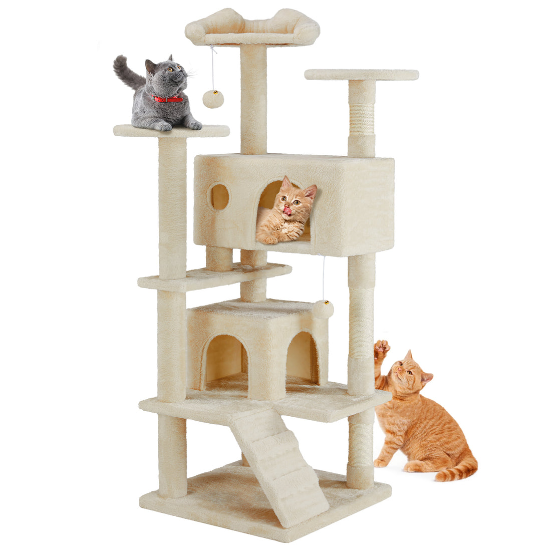 54In Cat Tree, Indoor Cat High Rise Multi Story Tower, Pet Playroom With Large Apartment, Beige Beige Cat Scratch Fabric