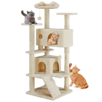 54In Cat Tree, Indoor Cat High Rise Multi Story Tower, Pet Playroom With Large Apartment, Beige Beige Cat Scratch Fabric