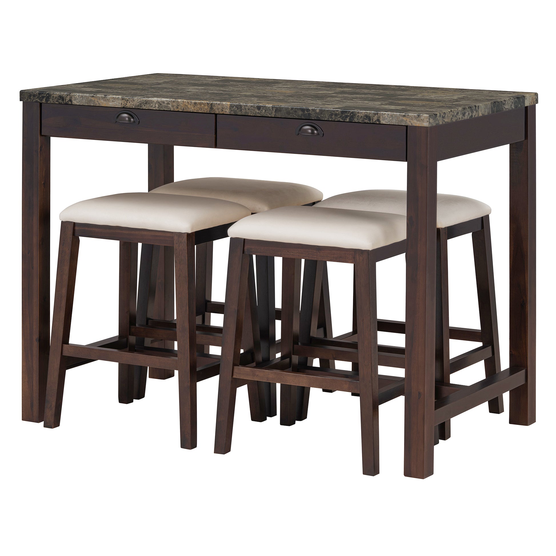 5 Piece Modern Faux Marble Versatile Bar Table Set With Storage Drawers And Padded Stools, Ideal For Space Saving Dining Nooks Or Small Kitchens Walnut Walnut Solid Wood Mdf