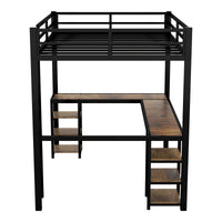 Full Metal Loft Bed With Desk And Shelves, Loft Bed With Ladder And Guardrails, Loft Bed Frame For Bedroom, Black With Vintage Wood Colored Desk Black Metal