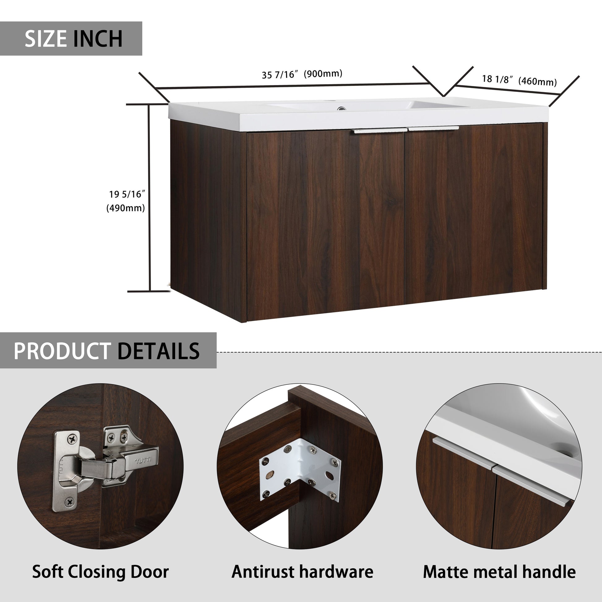 Modern Design 36 Inch Float Mounting Bathroom Vanity With Sink Soft Close Door,2 Doors 00636Caw Kd Packing California Walnut 2 Bathroom Wall Mounted Plywood Plywood