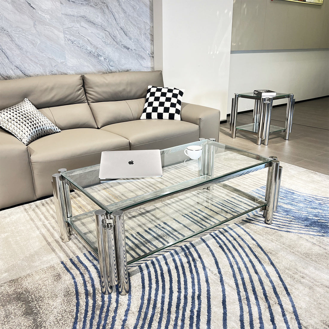 Modern Stainless Steel Coffee Table Set Set Of 2 , Double Layer Clear Tempered Glass Table Top, Coffee Table & End Side Table 2 Pieces Sets For Living Room Home Office, Silver Clear,Silver Modern