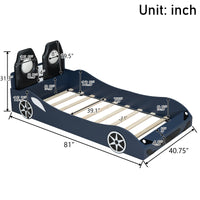 Wood Twin Size Race Car Shaped Platform Bed With Led And Upholstered Backrest, Blue Expected Arrival Time: 10.28 Box Spring Not Required Twin Blue Wood Faux Leather,Solid Wood Mdf