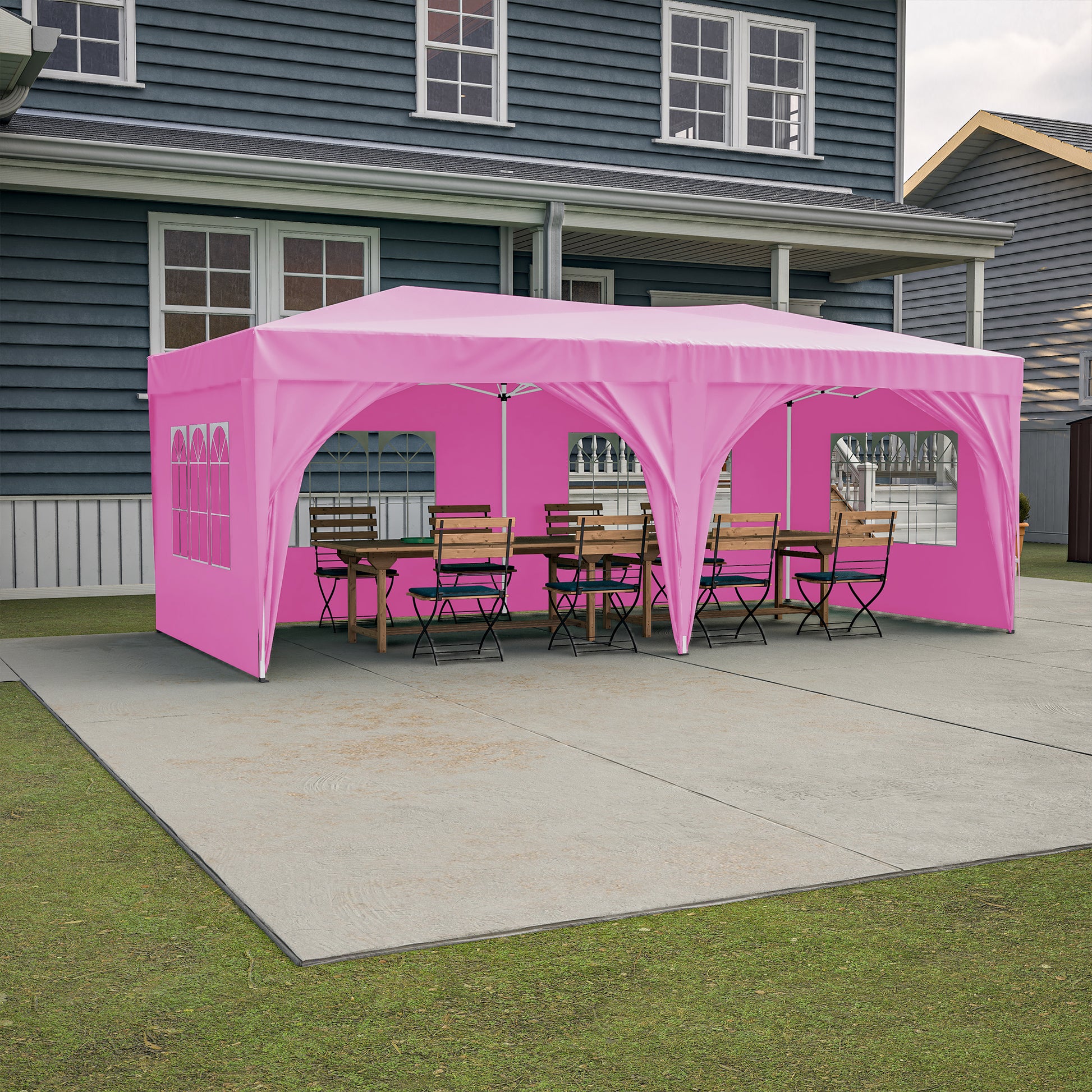 10'X20' Pop Up Canopy Tent With 6 Sidewalls, Ez Pop Up Outdoor Canopy For Parties, Waterproof Commercial Tent With 3 Adjustable Heights, Carry Bag, 6 Sand Bags, 6 Ropes And 12 Stakes, Pink Pink Metal