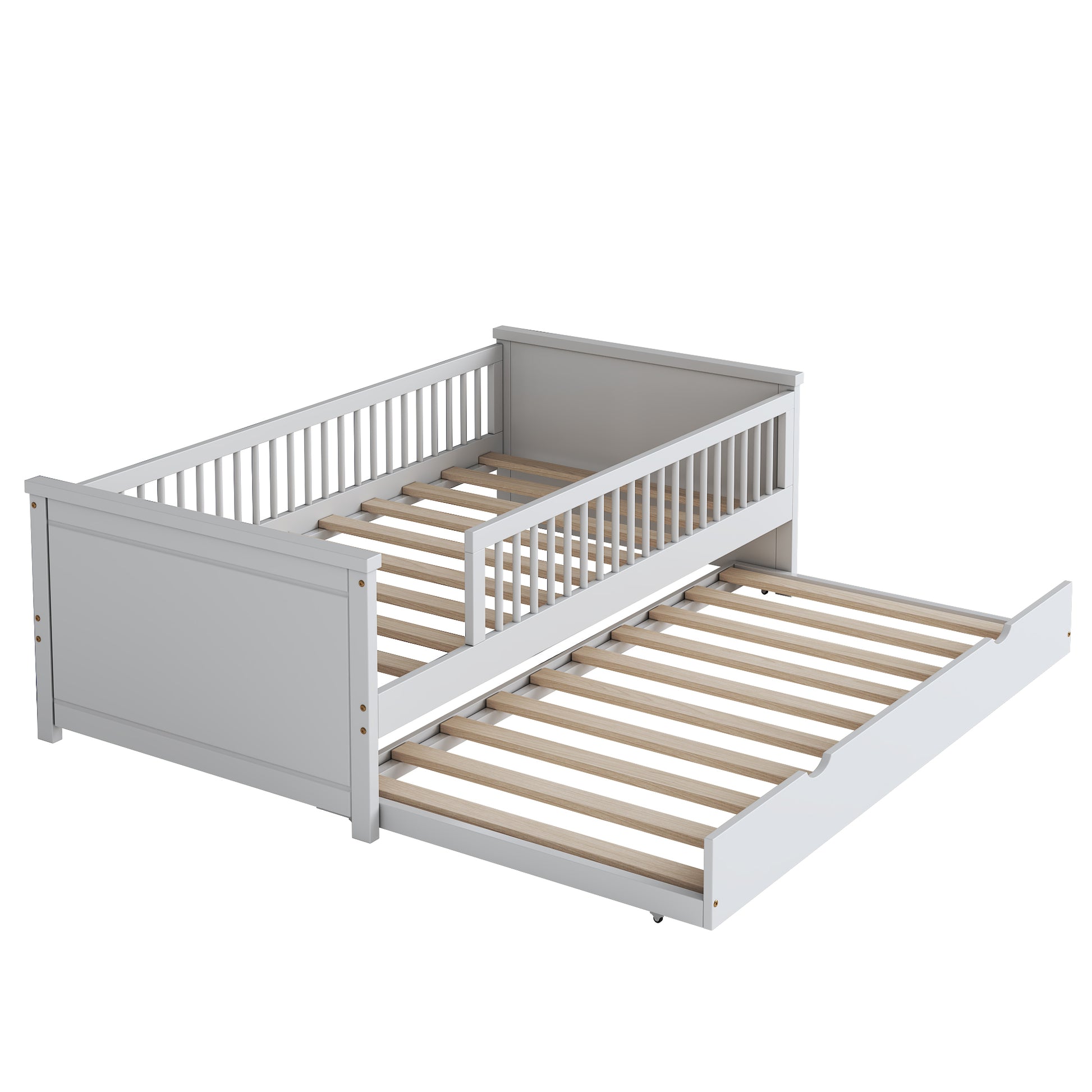 Wood Twin Size Platform Bed With Guardrail And Trundle, White Box Spring Not Required Twin White Wood Bed Frame Solid Wood Mdf