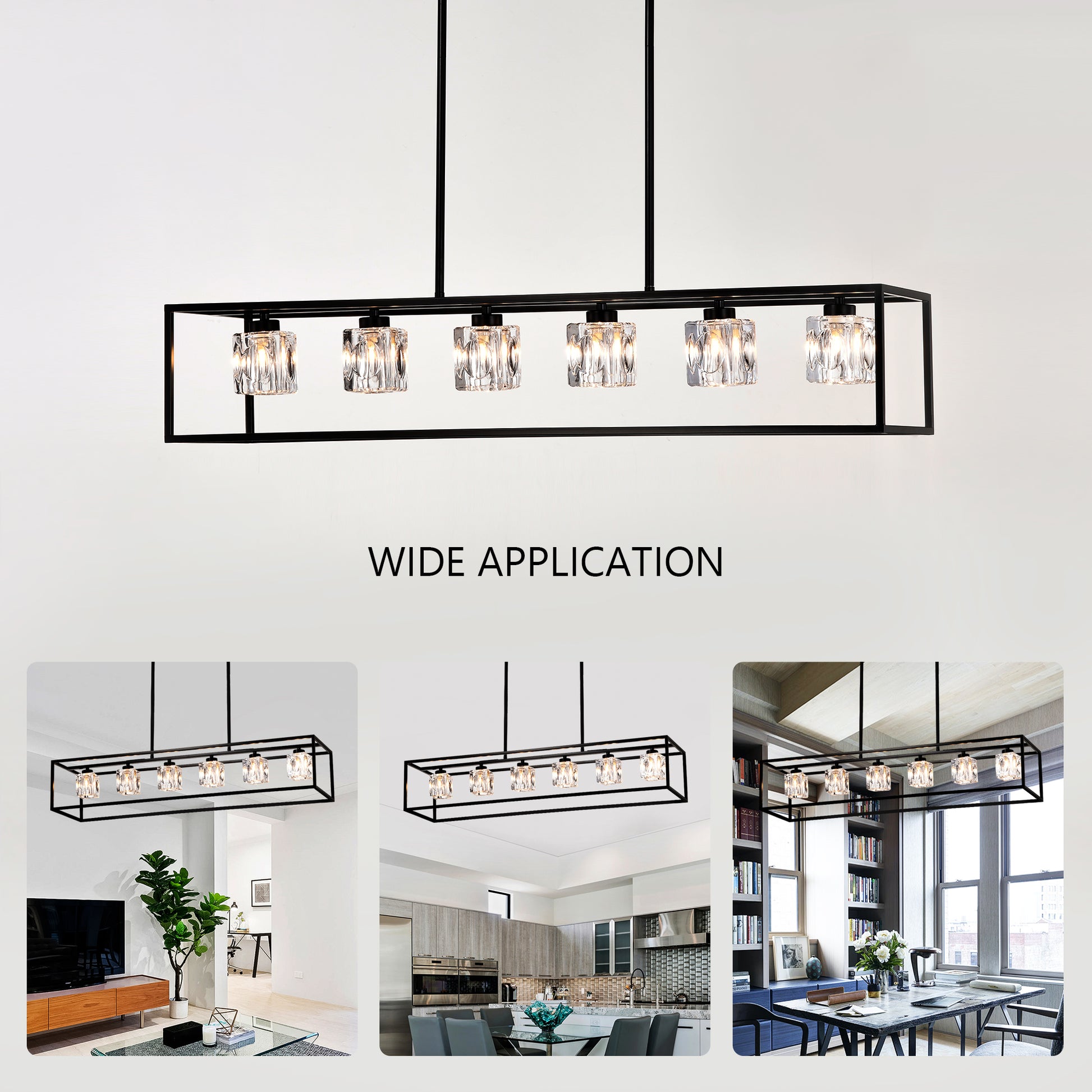 6 Light Farmhouse Chandelier, Modern Industrial Linear Rectangular Crystal Pendant Light Cage Chandelier For Dining Room,Kitchen Island, Bar, Long Table,G9*6 Bulbs Included Matte Black American