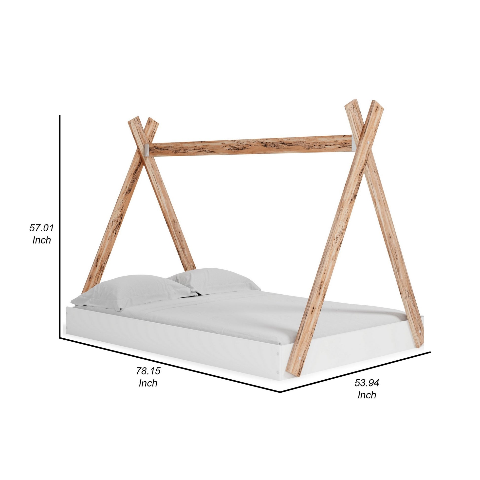 Pipa Modern Full Bed, Crossed Wood A Frame Tent Stand, Crisp White Base Brown White Engineered Wood