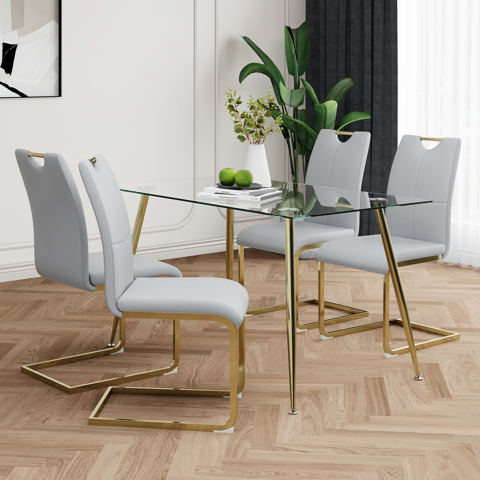 Modern Simple Rectangular Glass Dining Table, Wear Resistant Tempered Glass Countertop, Gold Plated Legs, Grey Pu Dining Chair Set, Suitable For Restaurant Kitchen Use Set Of 5 Upholstered Chair