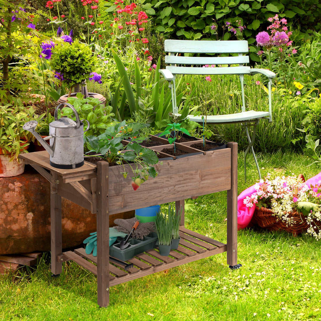 Outsunny Raised Garden Bed With 8 Grow Grids, Wooden Outdoor Plant Box Stand With Folding Side Table And Wheels, 49" X 21" X 34", For Vegetables, Flowers, Herbs, Brown Brown Wood