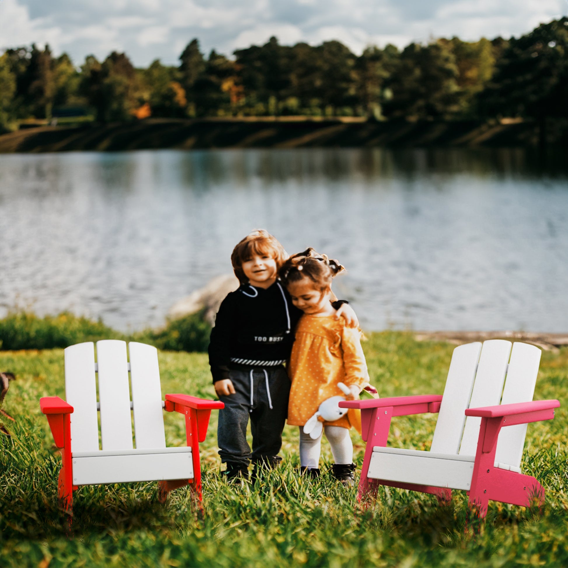 Hdpe Kid'S Size Adirondack Chair, Kidproof Ultra Durable Weather Resistant Design, White And Pink White Hdpe