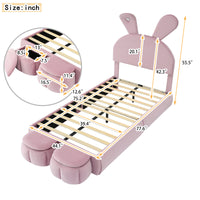 Twin Size Upholstered Platform Bed With Cartoon Ears Shaped Headboard And Light, Pink Box Spring Not Required Twin Pink Wood Bedroom Bed Frame Velvet Upholstered