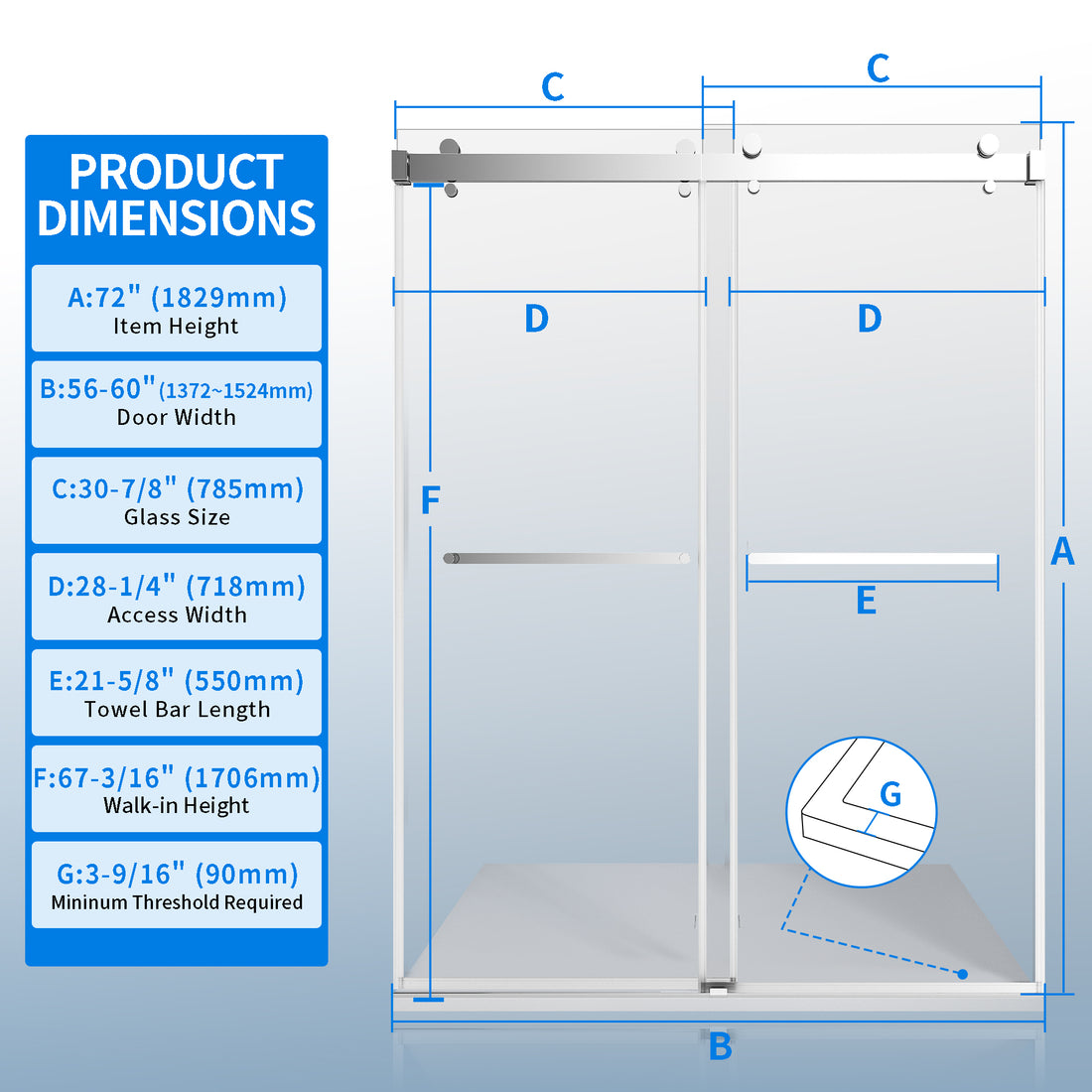 56" 60" Width 72" Height Double Sliding Framless Soft Close Shower Door With 3 8 Inches 10Mm Tempered Safety Glass, Chrome Finish Chrome Bathroom Luxury,Modern Glass Aluminium,Stainless Steel