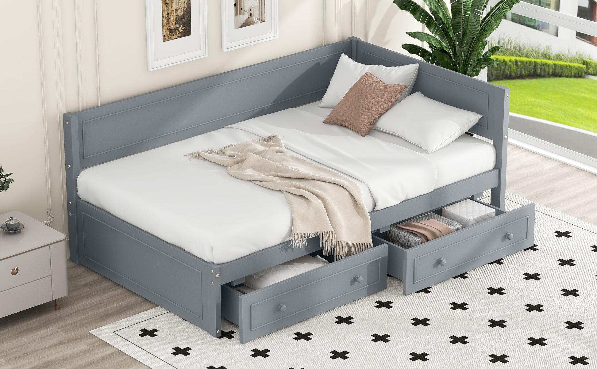 Twin Size Wood Daybed With 2 Drawers And Guardrail, Gray Gray Solid Wood Mdf