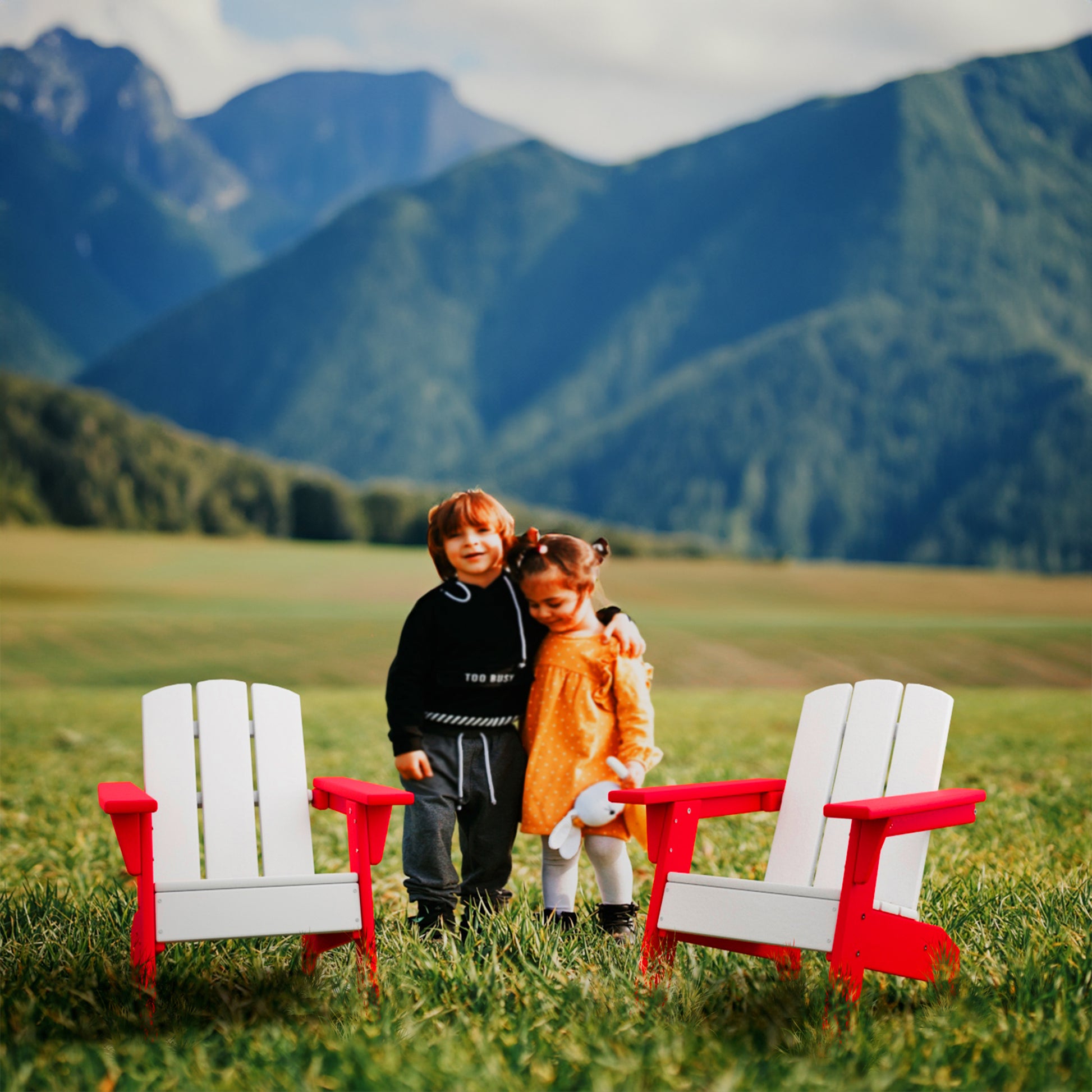 Hdpe Kid'S Size Adirondack Chair, Kidproof Ultra Durable Weather Resistant Design, White And Red White Hdpe