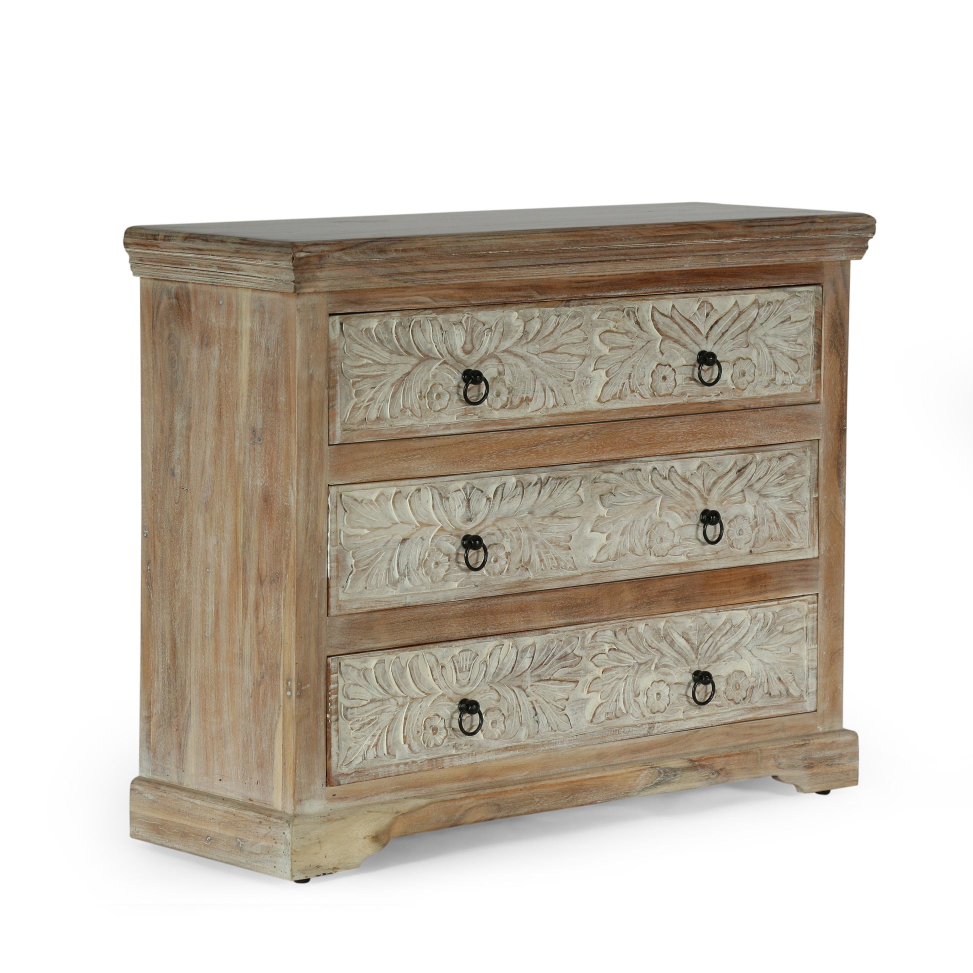 Acacia Wood 3 Drawer Dresser, 40 Inches Wide Accent Storage Cabinet White Natural Wood