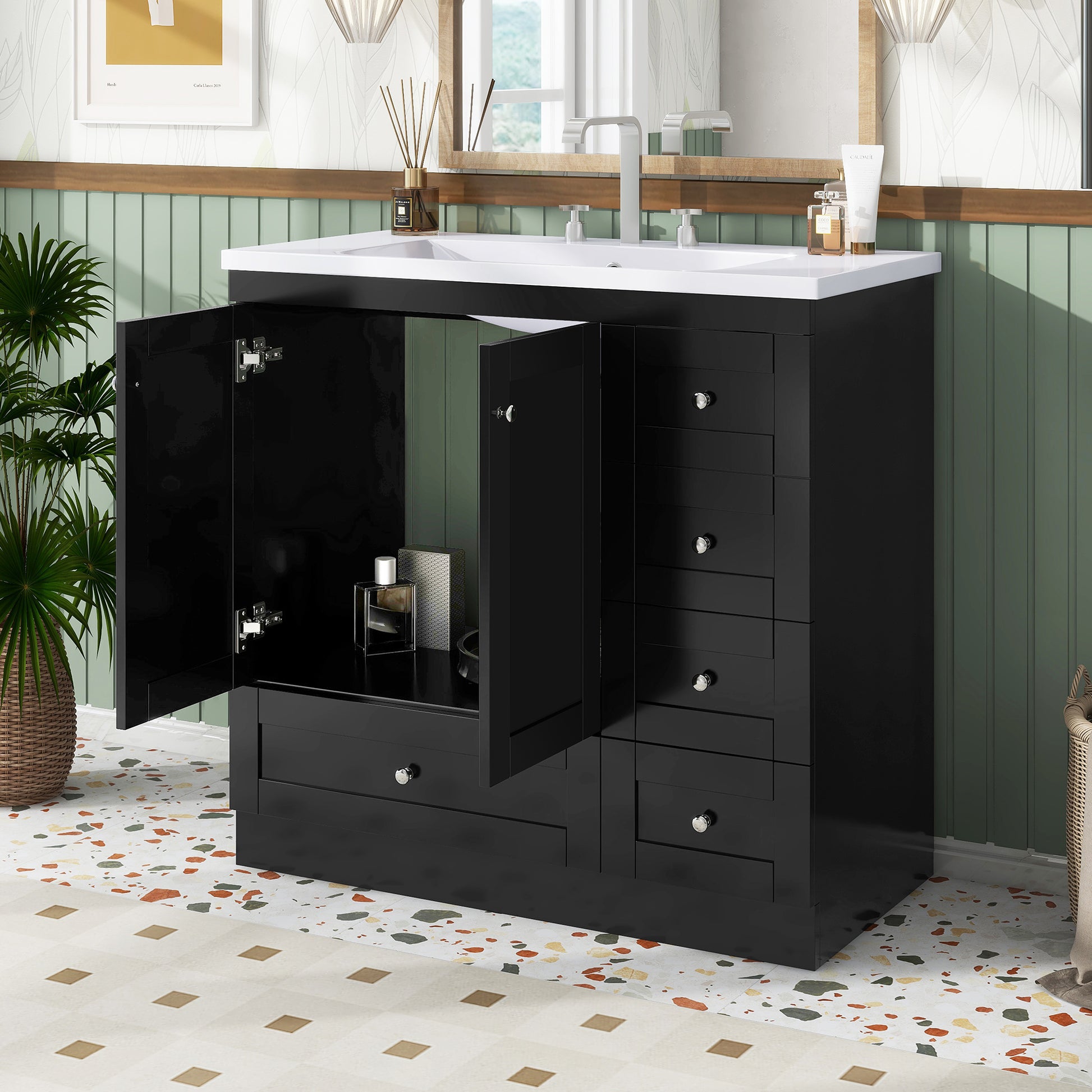 Video 36 Inch Shaker Style Free Standing Bathroom Vanity Cabinet With Sink, 4 Soft Close Drawers And 2 Soft Close Doors Black Bathroom Mdf