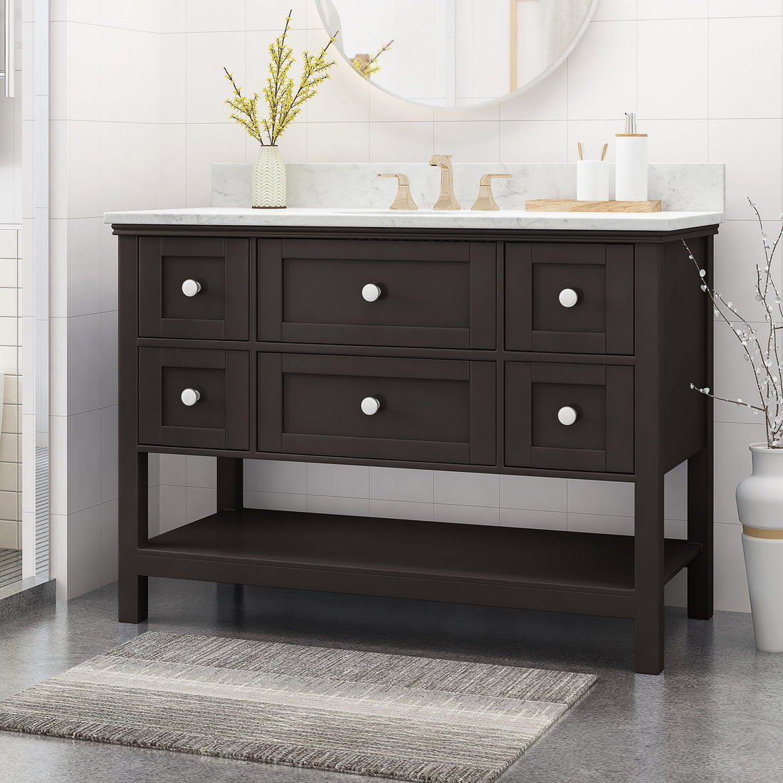 49'' Bathroom Vanity With Marble Top & Ceramic Sink, Open Shelf, 5 Drawers, Brown Brown Plywood