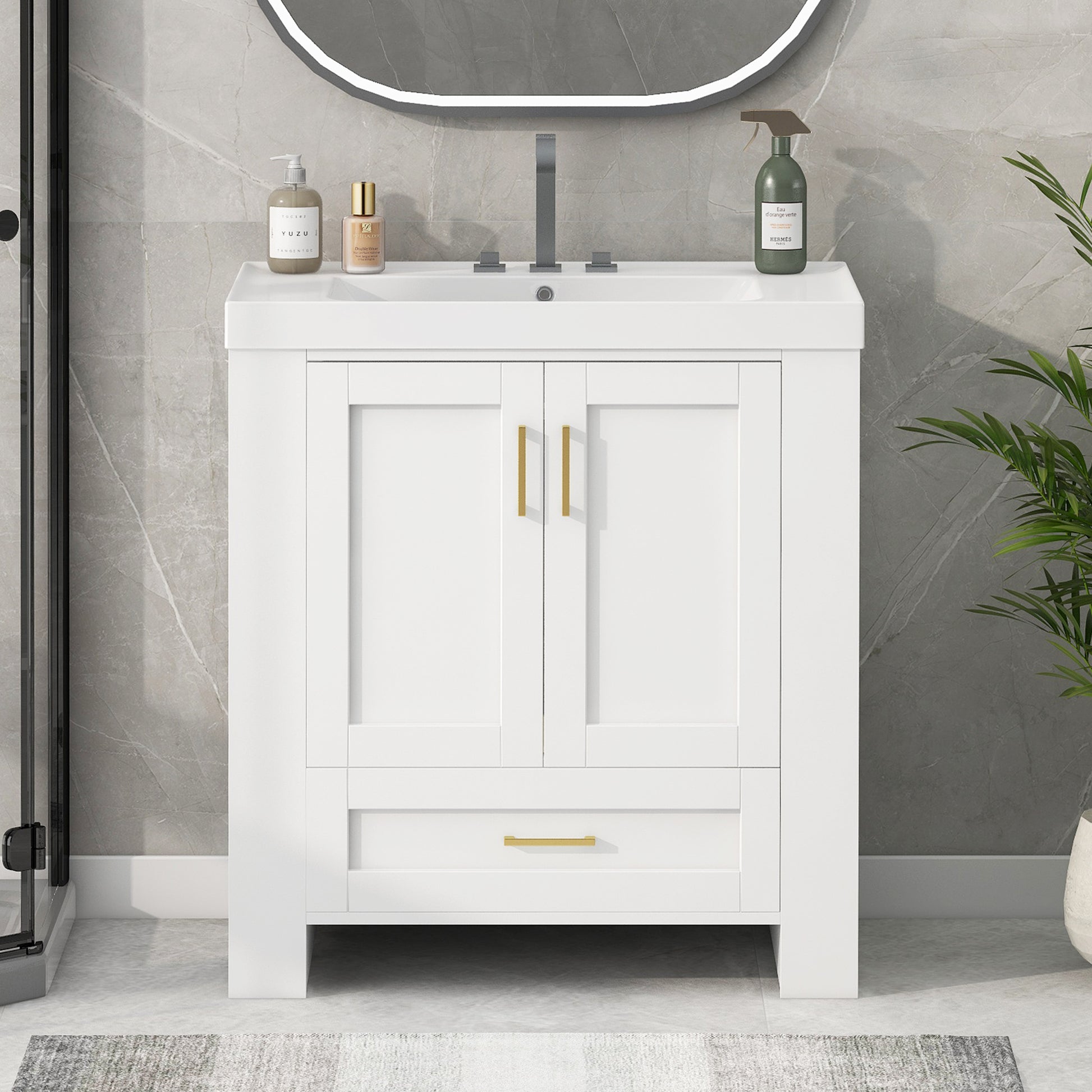 30'' Bathroom Vanity With Seperate Basin Sink, Modern Bathroom Storage Cabinet With Double Sided Storage Shelf, Freestanding Bathroom Vanity Cabinet With Single Sink 1 White Adjustable Hinges Bathroom Freestanding Solid Wood Mdf Resin Painted