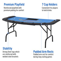 Soozier Poker Table Foldable, 72" Blackjack Table For 7 Players With Chip & Cup Holder, Blue Felt Blue Mdf Steel