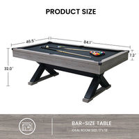 84" Pool Table With Billiard Balls, Cues, Pool Cue Chalk, Cleaning Brush, X Legs, Black Cloth, Rustic Grey,84.1"L X 46.5"W X 32"H Grey Mdf