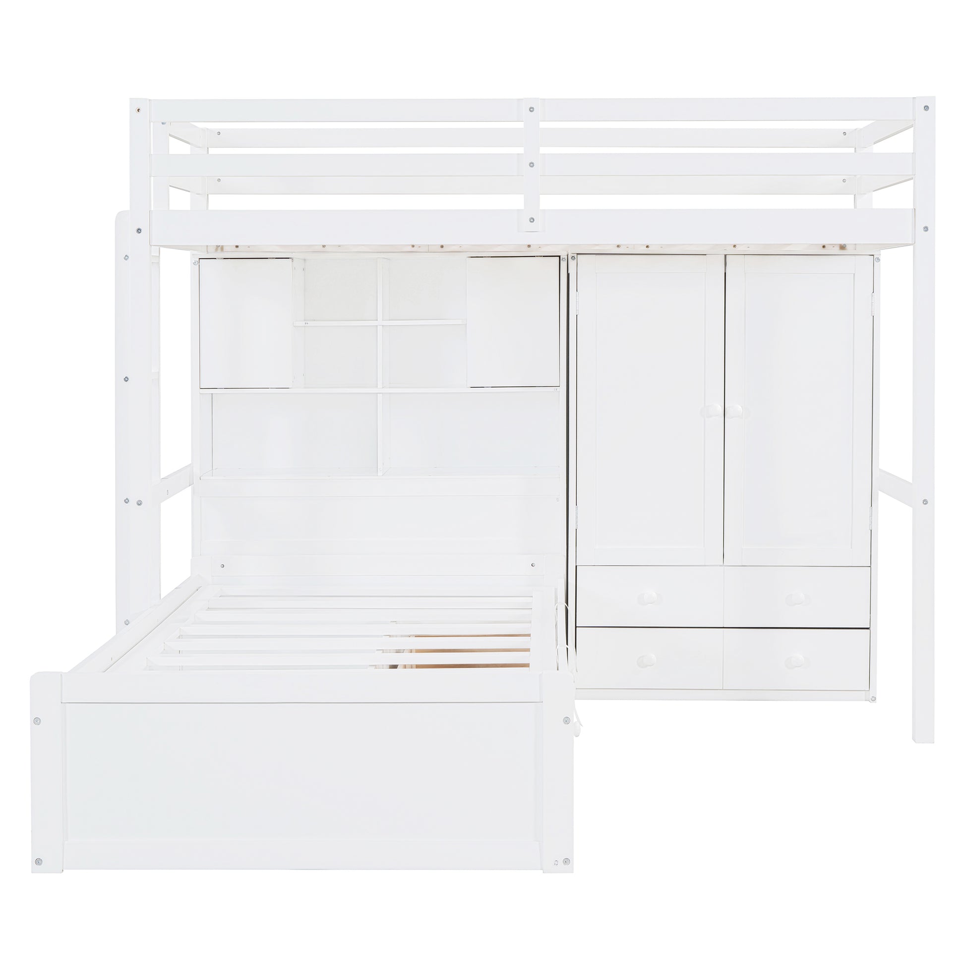 Twin Bunk Bed With Drawers, Wardrobe, Storage Shelves And Hydraulic Bed,White White Mdf Lvl