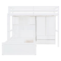 Twin Bunk Bed With Drawers, Wardrobe, Storage Shelves And Hydraulic Bed,White White Mdf Lvl