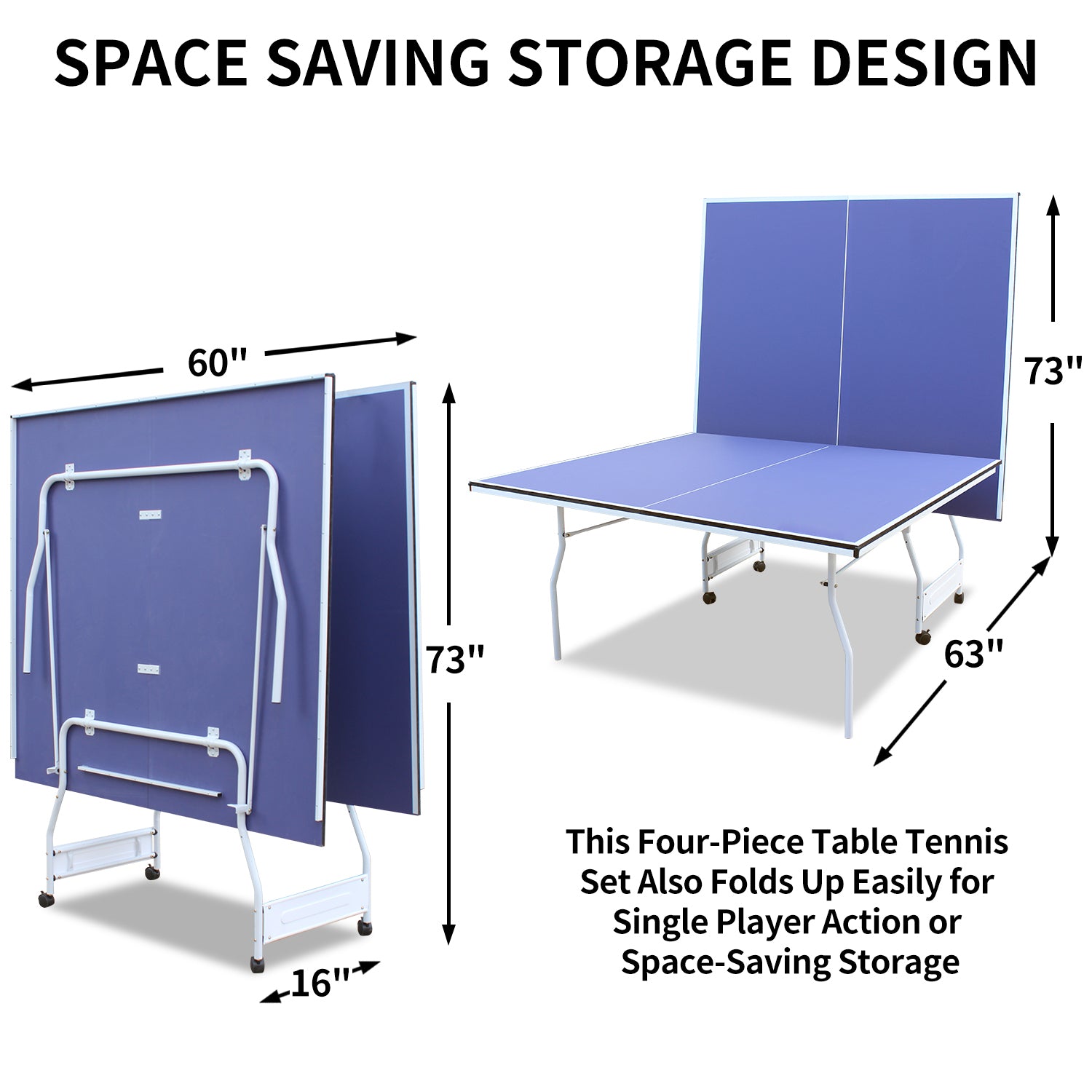 9Ft Mid Size Table Tennis Table Foldable & Portable Ping Pong Table Set For Indoor Games With Net, 2 Table Tennis Paddles And 3 Balls Blue Mdf