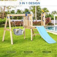 Outsunny 3 In 1 Wooden Swing Set Outdoor Playset With Baby Swing Seat, Toddler Slide, Captain'S Wheel, Telescope, Kids Backyard Playground Equipment, Ages 1.5 4 Natural Wood Hdpe