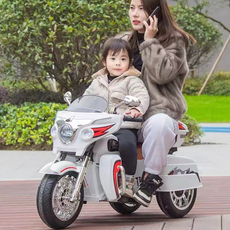 Kids Motorcycle,Ride On Motorcycle,Kids Electric Motorcycle 12V Two Seat Motorcycle For Kids, Motorbike For Kids With Key Start 3 Wheels Headlight Storage Box Two Motor Two Seat White Plastic Indoor