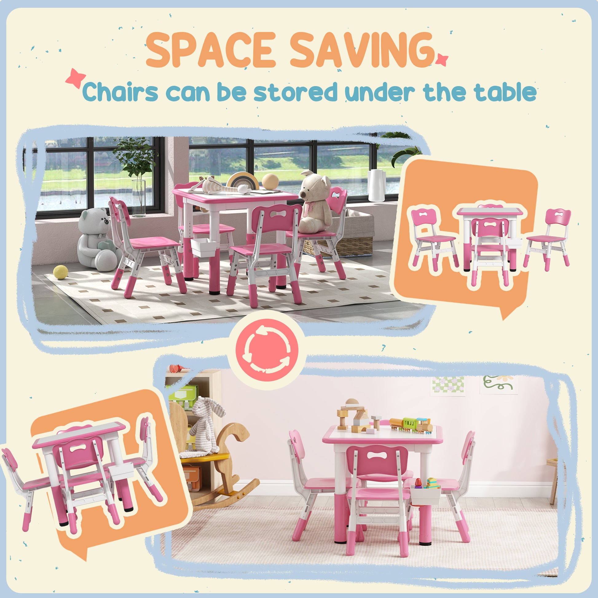 Qaba Kids Table And Chair Set, Height Adjustable 5 Piece Toddler Table And Chair Set With Storage Box, Easy To Wipe Activity Table With 4 Chairs For Ages 18 Months 5 Years, Pink Pink Mdf Metal