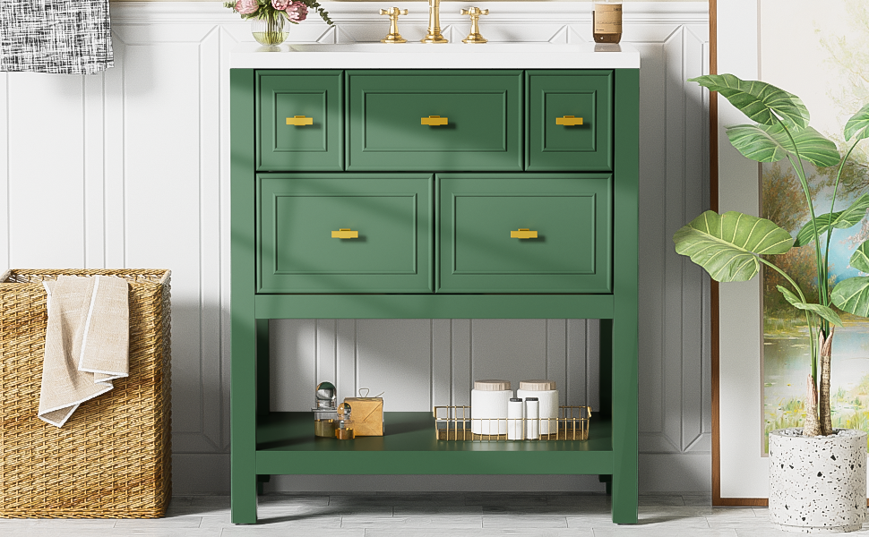 30'' Bathroom Vanity With Resin Sink Combo, Free Standing Single Vanity Set With 5 Drawers, Solid Wood Frame Bathroom Storage Cabinet, Green 4 Green 1 Bathroom Freestanding Modern Solid Wood Mdf Resin Painted