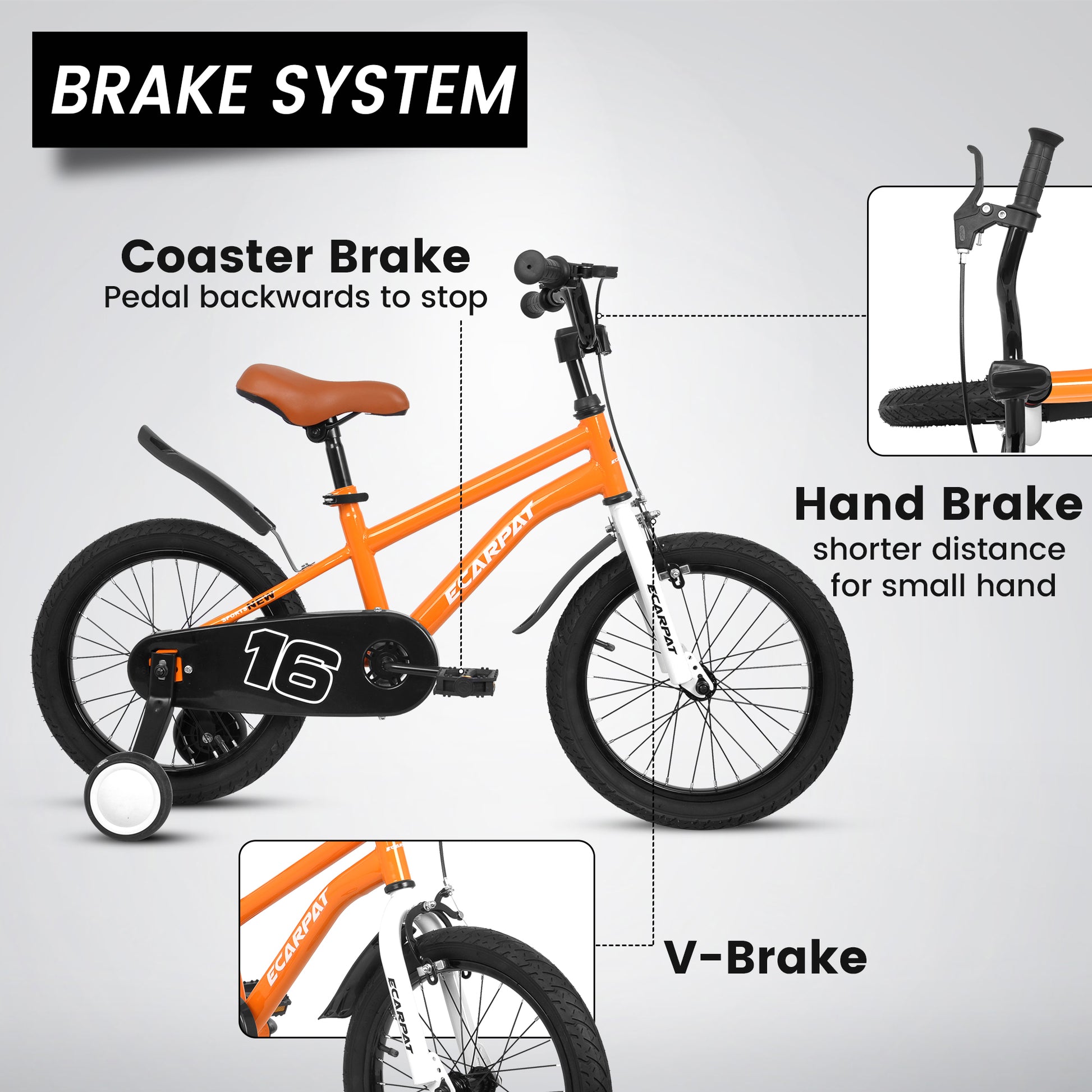 A16114 Kids Bike 16 Inch For Boys & Girls With Training Wheels, Freestyle Kids' Bicycle With Fender. Orange Steel