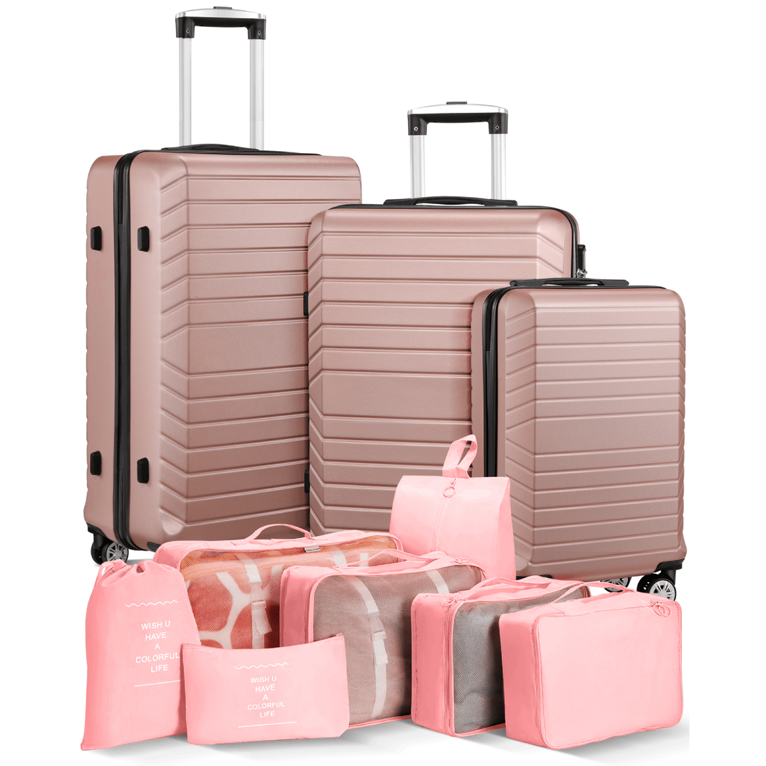 3 Piece Luggage Sets With 7 Pcs Organizer Bags For Kinds Of Travel Rose Gold Abs