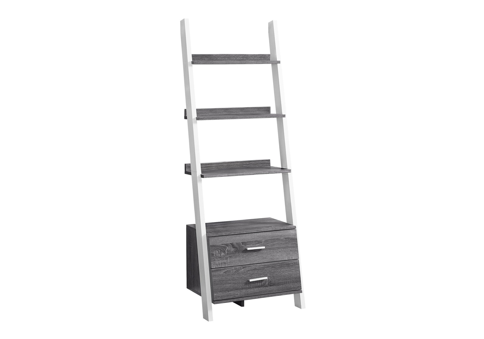 Bookshelf, Bookcase, Etagere, Ladder, 4 Tier, 69"H, Office, Bedroom, Grey And White Laminate, Contemporary, Modern Grey Particle Board