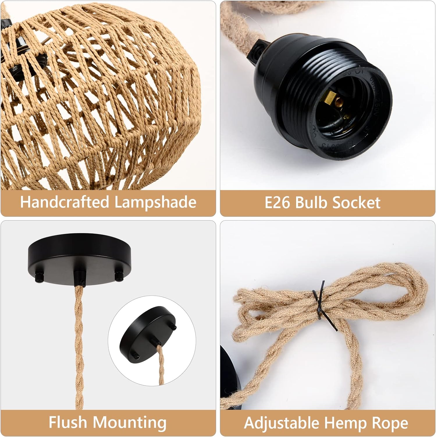 Farmhouse Led Rattan Pendant Lights, Boho Chandelier Light Fixture, Rustic Wicker Hand Woven Rope Cage Basket Pendant Hanging For Dining Room Living Room Kitchen Bedroom Nursery Foyer Hallway Entryway Brown Rattan Metal