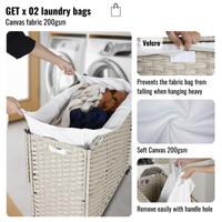 Laundry Hamper With Lid Pe Rattan Powder Coating Frame Clothes Hampers With 02 Removable Bags, Wheels, 160L, Grey Color Light Grey 1 Foldable Bathroom American Design,American Traditional Wicker