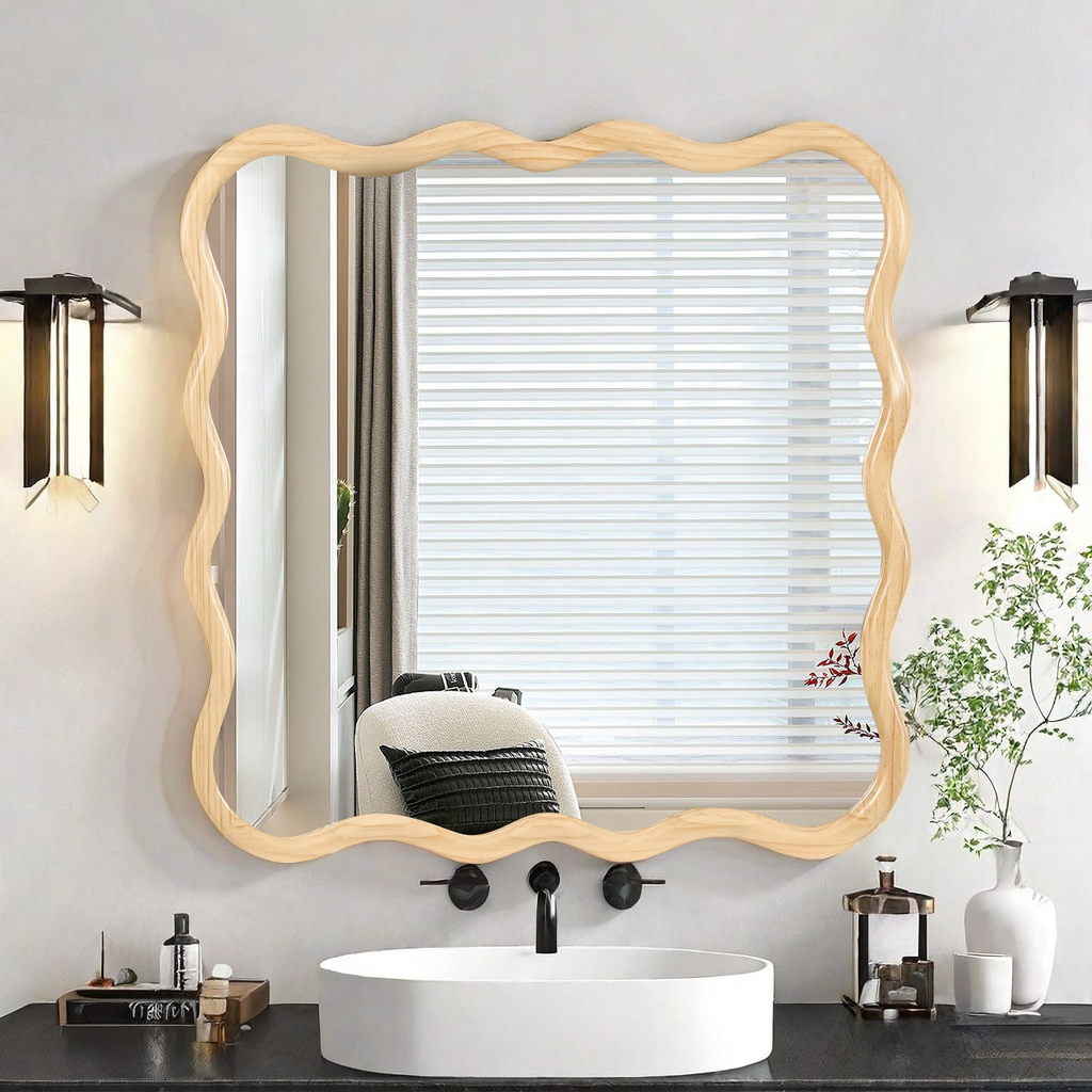 Solid Wood Wavy Square Mirror Natural Wood 36" X 36" Modern Mirror Wall Decor For Bathroom, Bedroom, Living Room, Dining Room, Cloakroom, Entryway Square Framed Natural Wood Living Room Large 33In 40In Glass Solid Wood