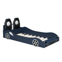 Wood Twin Size Race Car Shaped Platform Bed With Led And Upholstered Backrest, Blue Expected Arrival Time: 10.28 Box Spring Not Required Twin Blue Wood Faux Leather,Solid Wood Mdf