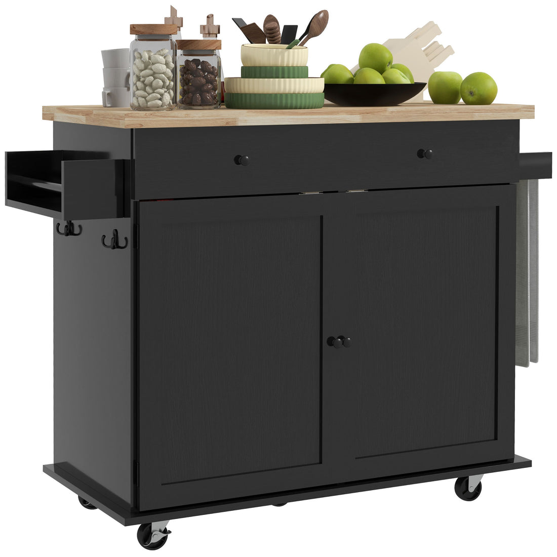 Homcom Kitchen Island With Storage, Farmhouse Rolling Kitchen Island Cart On Wheels With Drawer, 2 Cabinets, Rubberwood Top, Spice Rack, Towel Racks And 2 Hooks, Black Black Rubber Wood