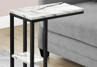 Accent Table, C Shaped, End, Side, Snack, Living Room, Bedroom, White Marble Look Laminate, Black Metal, Contemporary, Modern White Particle Board