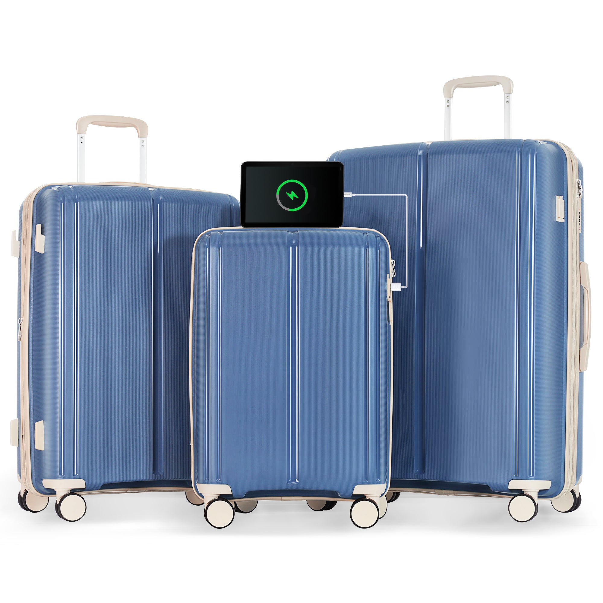 Luggage Sets 3 Piece Suitcase Set 20 24 28 With Usb Port,Carry On Luggage Airline Approved,Pp Lightweight Suitcase With Spinner Wheels, Blue And Ivory Blue Polypropylene