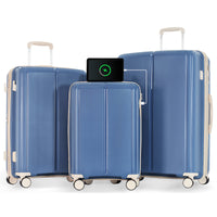 Luggage Sets 3 Piece Suitcase Set 20 24 28 With Usb Port,Carry On Luggage Airline Approved,Pp Lightweight Suitcase With Spinner Wheels, Blue And Ivory Blue Polypropylene