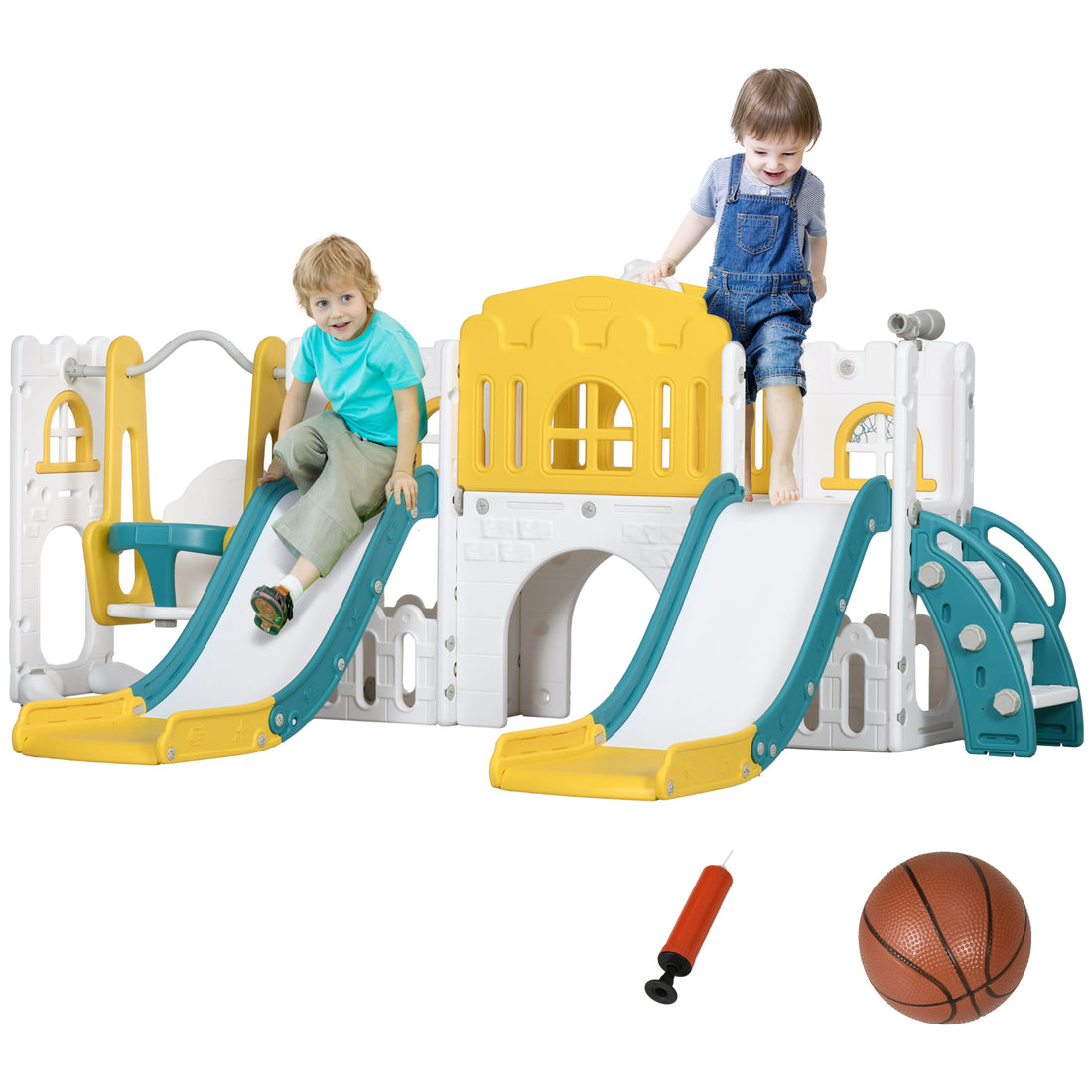 Qaba 8 In 1 Toddler Slide And Swing Set With 2 Slides, Baby Slide For Ages 1 3 With Basketball Hoop, Climber, Aisle, Steering Wheel, Storage Space, Telescope, Indoor Playground, Yellow Yellow Plastic