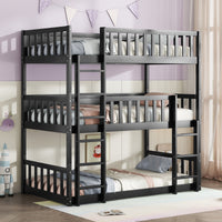 Twin Size Triple Rubber Wood Bunk Bed, With Ladders, Guardrails Detachable Bunk Bed, Twin Over Twin Over Twin,Black Twin Black Bedroom American Design Bed Frame Rubber Wood