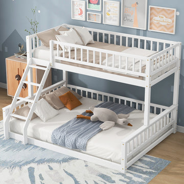 Twin Xl Over Queen Bunk Bed With Ladder And Guardrails, White Expected Arrival Time: 10.27 Box Spring Not Required Twin Xl White Wood Bunk Solid Wood Mdf