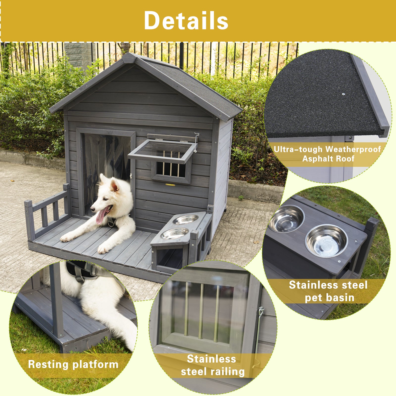 Large Dog House, 44.2" Long X 44.6" Wide X 44.6" High Solid Wood Asphalt Roof Dog House For Large Dogs With Large Terrace, Weatherproof Large Dog House,Complimentary Dog Bowl Gray Solid Wood